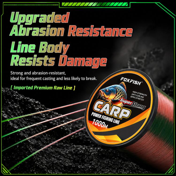 Carp fishing line spool with green-and-red line wound on black reel