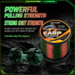 Carp fishing line spool with green-and-red line, plus knot strength test weights