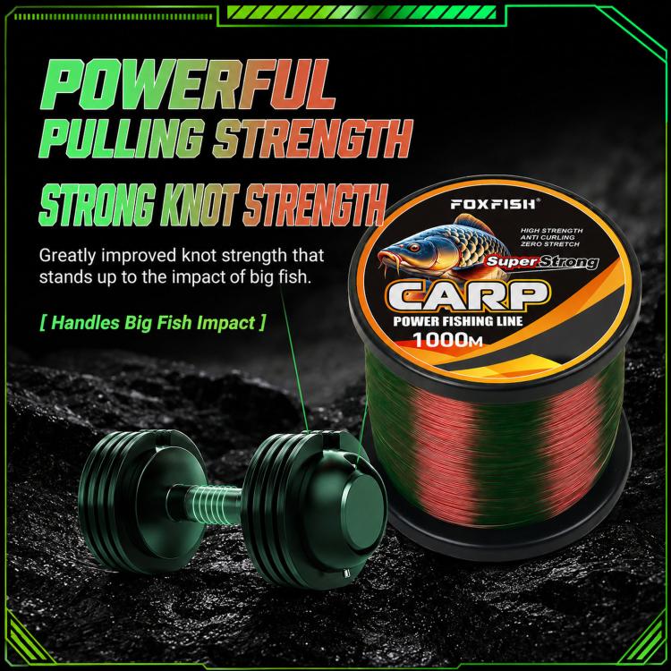 Carp fishing line spool with green-and-red line, plus knot strength test weights