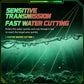 Color-changing fishing line strands with water droplets, shown cutting toward target