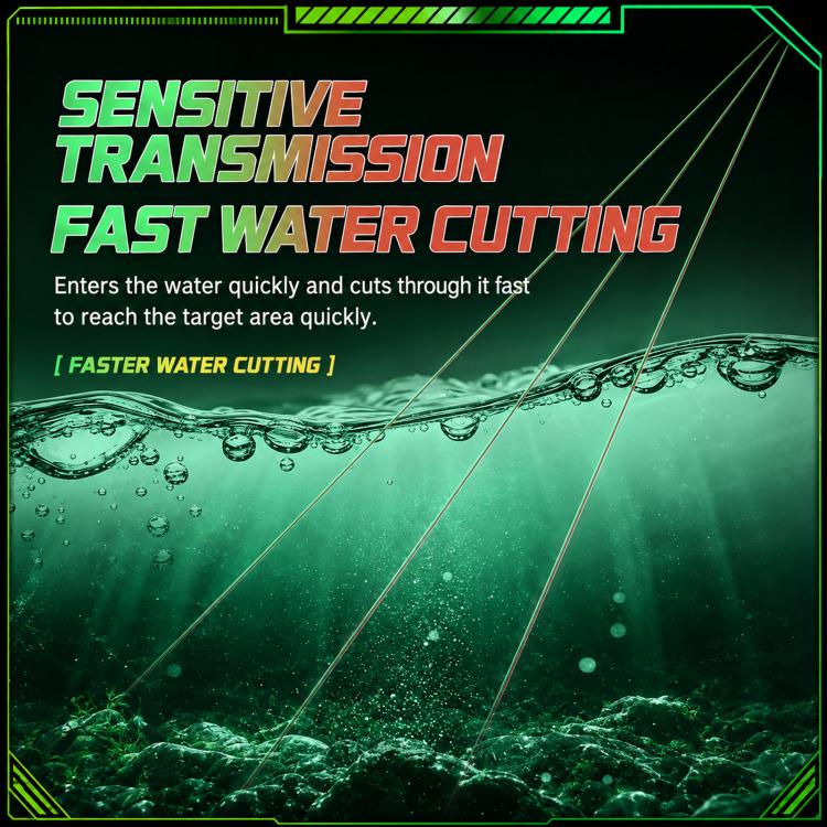 Color-changing fishing line strands with water droplets, shown cutting toward target