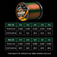 Carp fishing line spool with size chart showing diameters and tensile strength