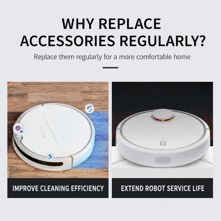 Robot vacuum cleaner shown from front and top views with replacement accessories