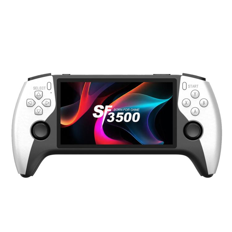 Retro handheld game console with 5-inch screen and built-in button controls, white/black