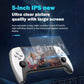 Handheld game console angled view with 5-inch display and left/right control sticks, white/black