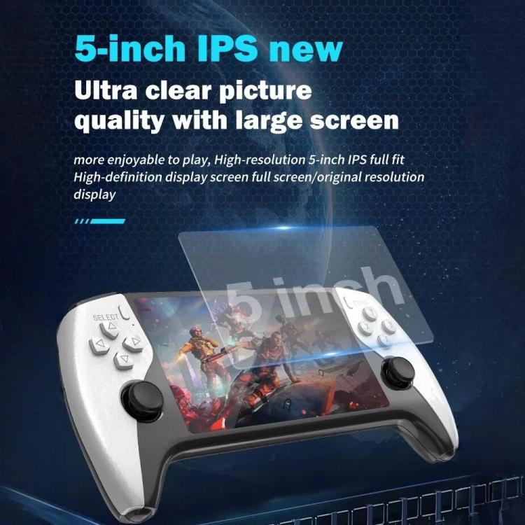 Handheld game console angled view with 5-inch display and left/right control sticks, white/black