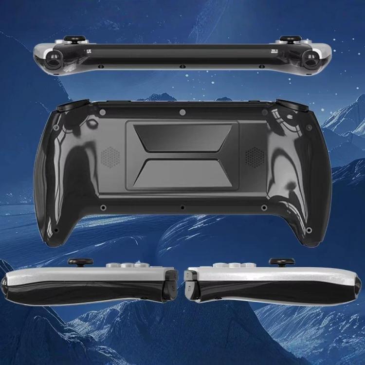 Retro handheld game console with dark front controller panel and dual grips