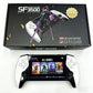 Retro handheld game console set with controller grips and game menu on screen