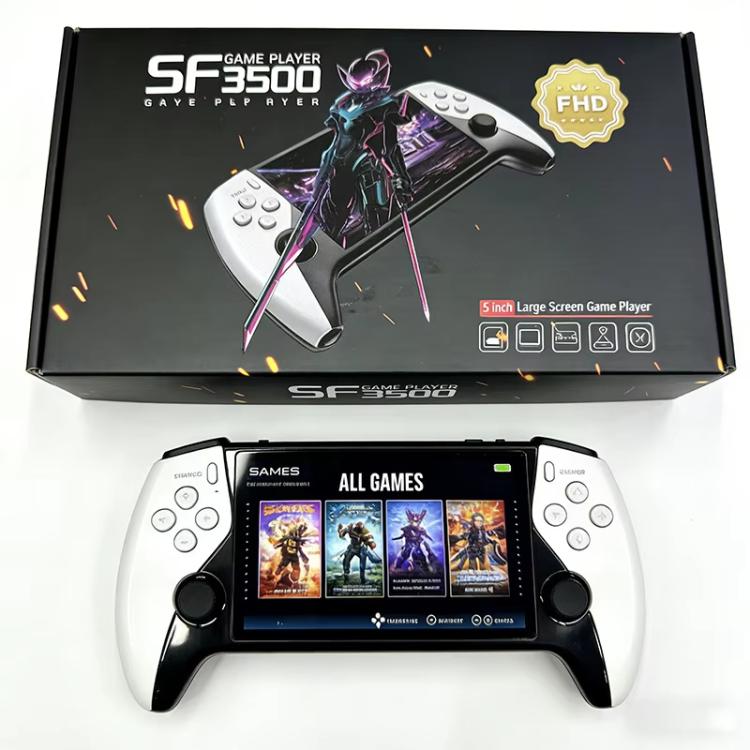 Retro handheld game console set with controller grips and game menu on screen
