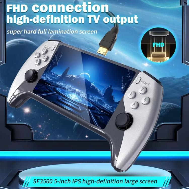 Portable handheld game console with 5-inch screen and side buttons, white/black