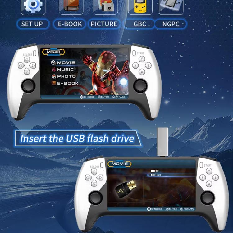 Handheld game console with menu screen and dual thumbsticks, plus USB flash insertion area