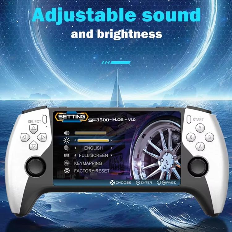 Handheld game console with 5-inch screen showing settings, dual thumbsticks, white/black