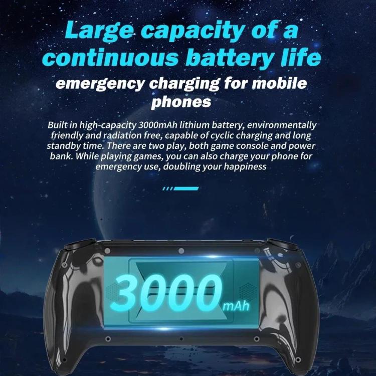 Back of handheld game console with 3000mAh battery indicator on screen, white/black