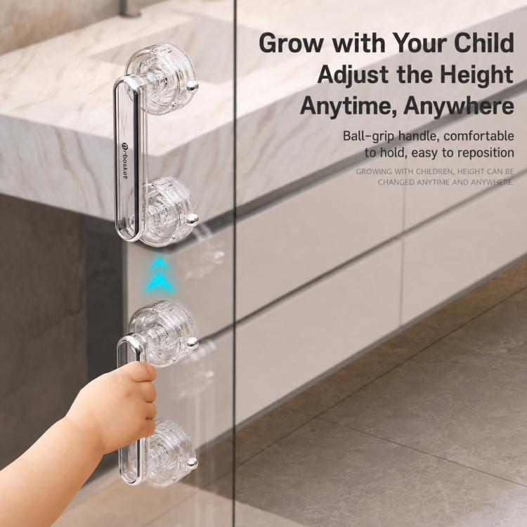 Clear suction cup glass door handle with chrome bar and adjustable grip position