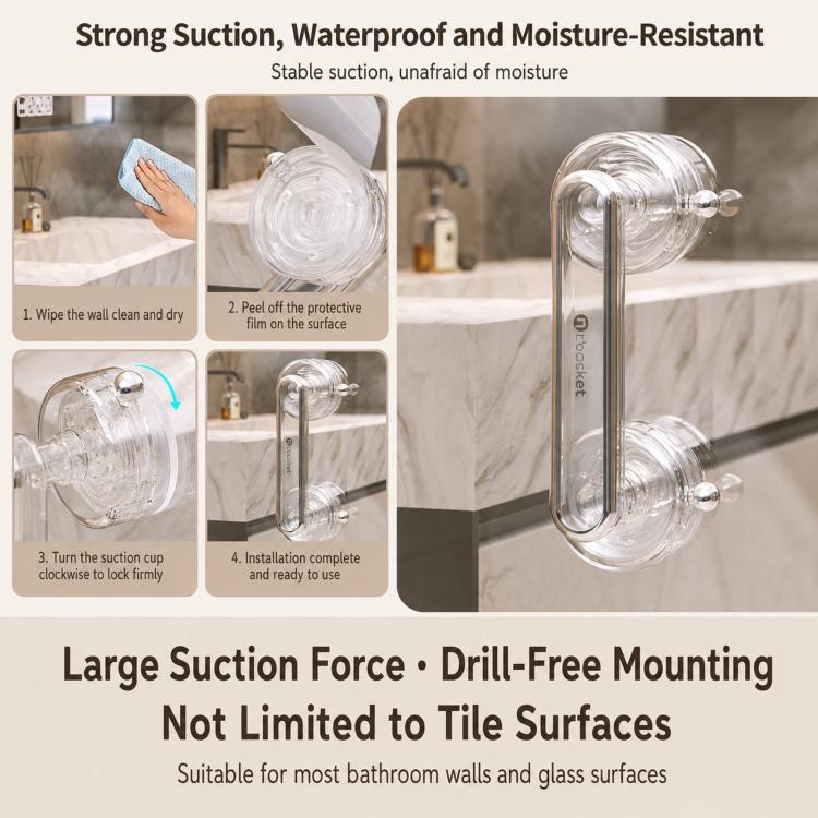 Clear suction cup door pull handle bar with round cups and metal frame