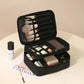 Black double-layer makeup bag organizer with zip-top and segmented brush compartments