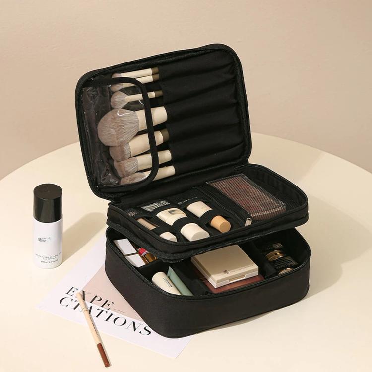 Black double-layer makeup bag organizer with zip-top and segmented brush compartments