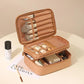 Brown double-layer makeup bag organizer with zip-top and segmented brush compartments