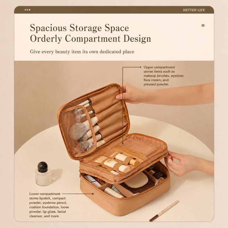 Tan makeup bag organizer with upper and lower compartments shown open with brush slots