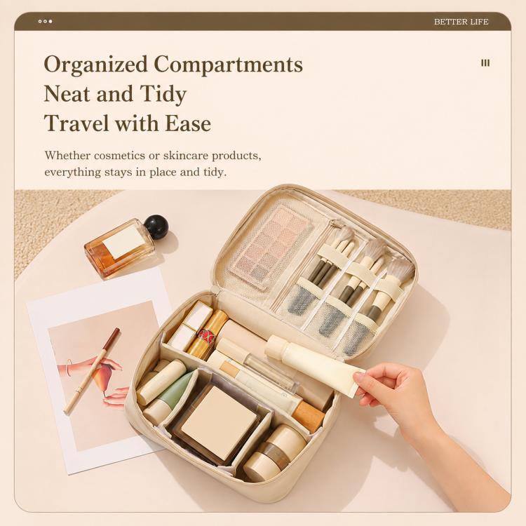 Beige travel makeup organizer bag open with organized compartments and divider pockets