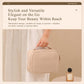 Beige travel makeup bag organizer with carry handle, closed