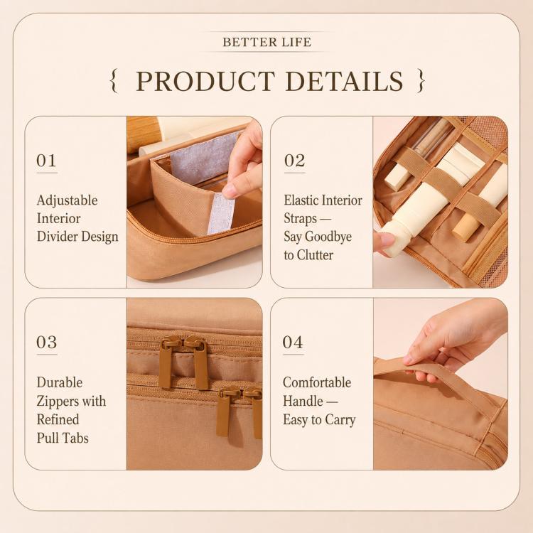 Travel makeup bag with adjustable interior divider, elastic straps, durable zipper, carry handle