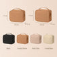 Travel makeup bag size chart with black, caramel brown, peach pink, and cream beige