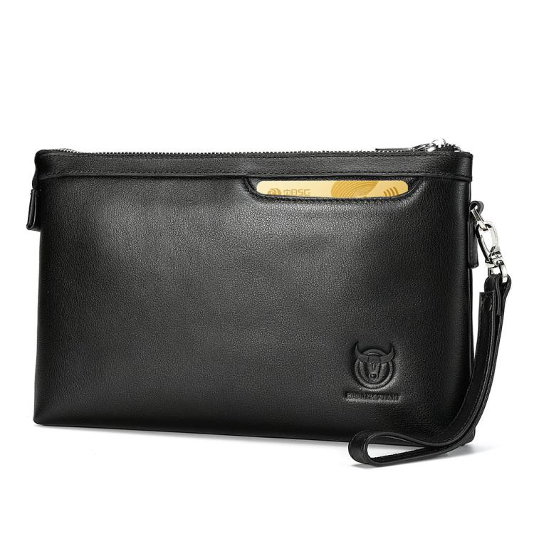 Black leather wristlet clutch bag with wrist strap and gold-tone zipper pull.