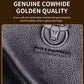 Black cowhide leather with embossed emblem detail and pebbled texture.