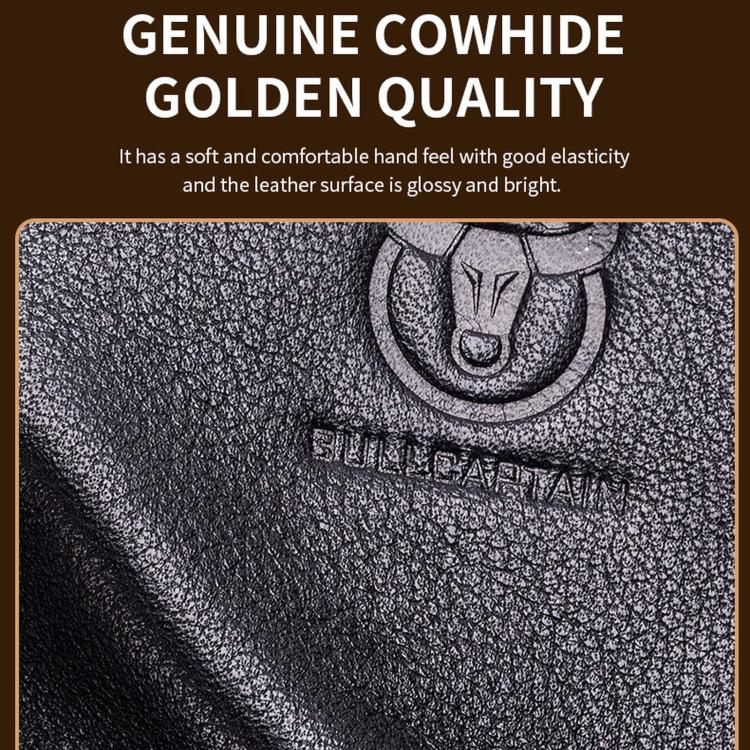 Black cowhide leather with embossed emblem detail and pebbled texture.