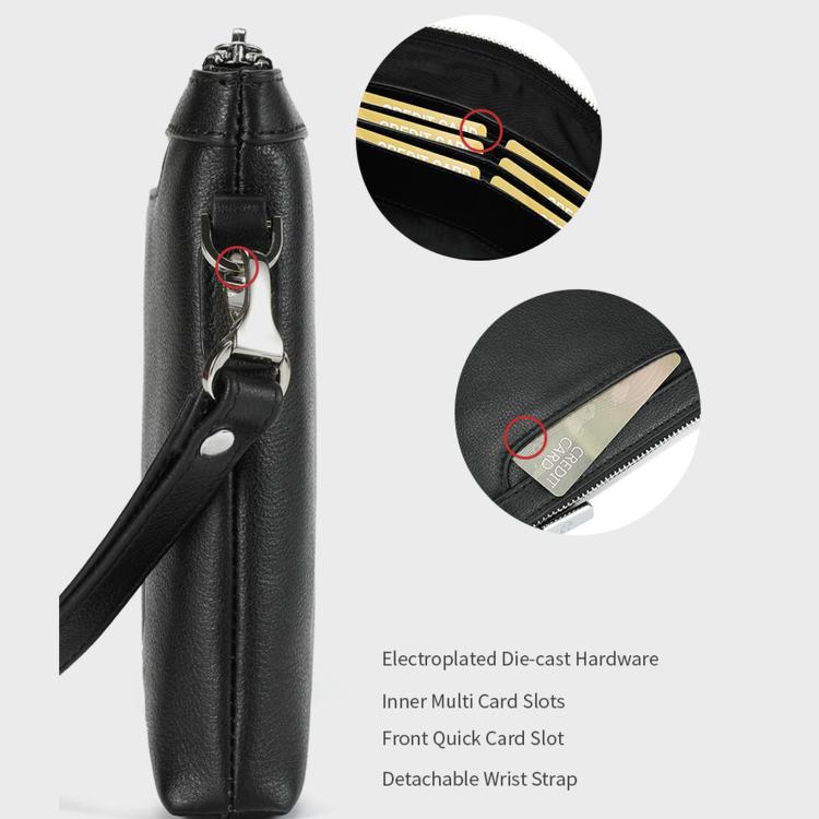 Black leather wristlet bag with detachable wrist strap and metal hardware.