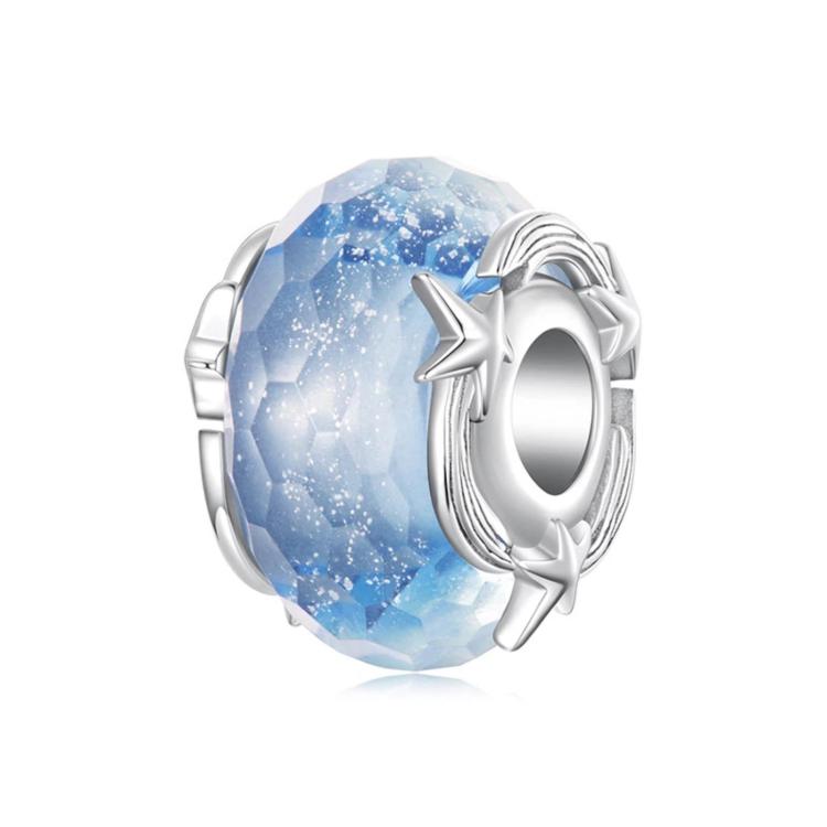 Blue glitter glass charm bead with silver star surround and plated metal ring