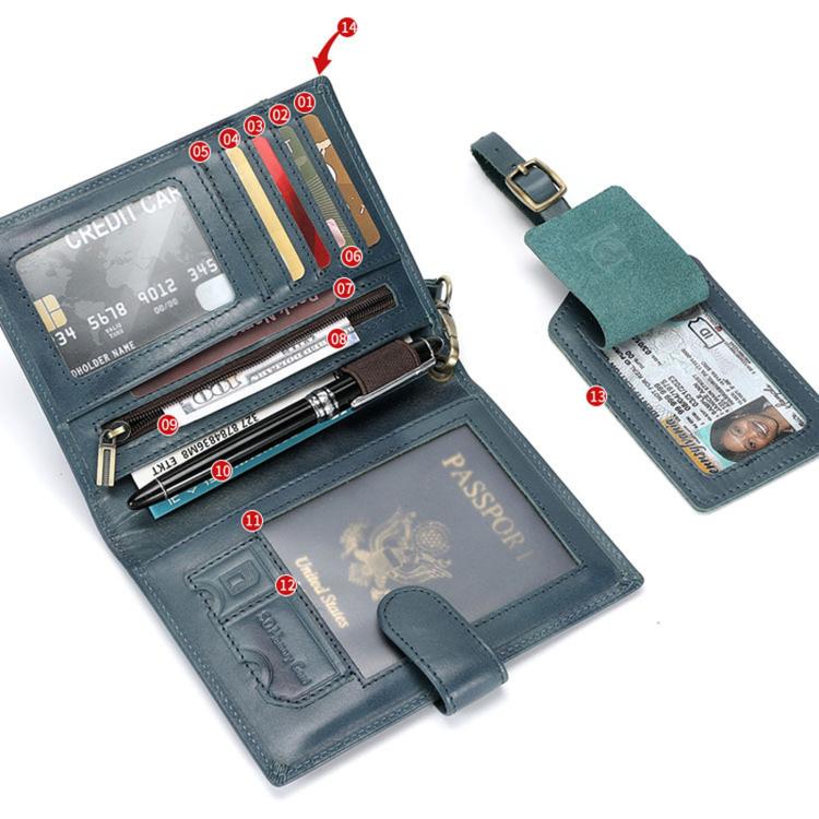 Blue leather passport wallet with card slots and separate luggage tag, buckled strap