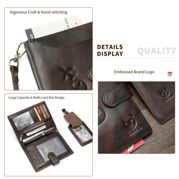 Dark leather passport holder with embossed logo, flap pocket, keychain loop