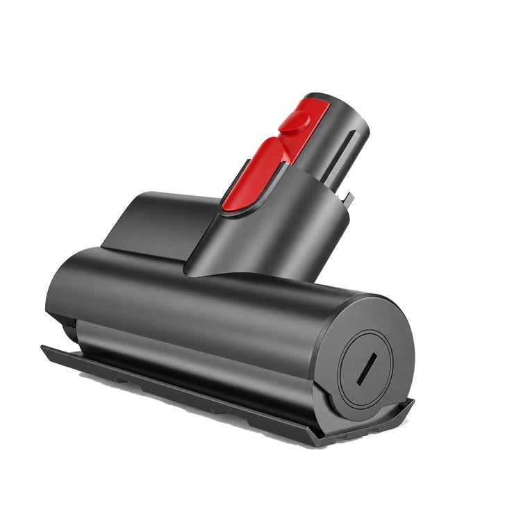 Motorized mattress tool attachment, dark gray with red switch and round brush inlet
