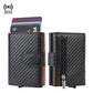 RFID carbon fiber pop-up card wallet with coin pocket and money clip, black with orange trim