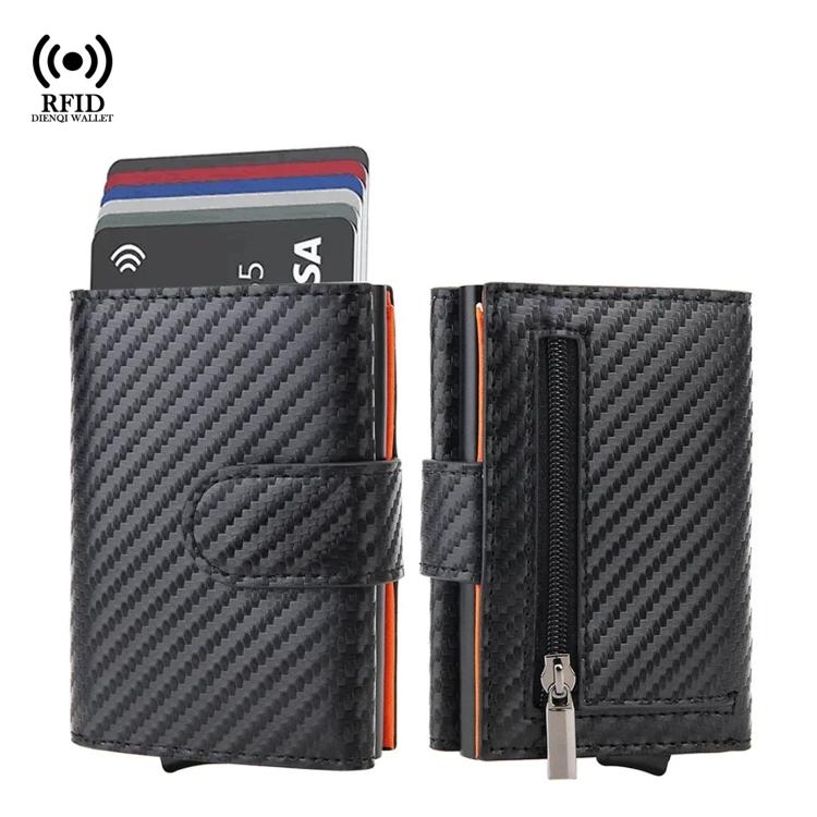 RFID carbon fiber pop-up card wallet with coin pocket and money clip, black with orange trim
