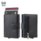 RFID carbon fiber pop-up card wallet with coin pocket and money clip, black with blue trim