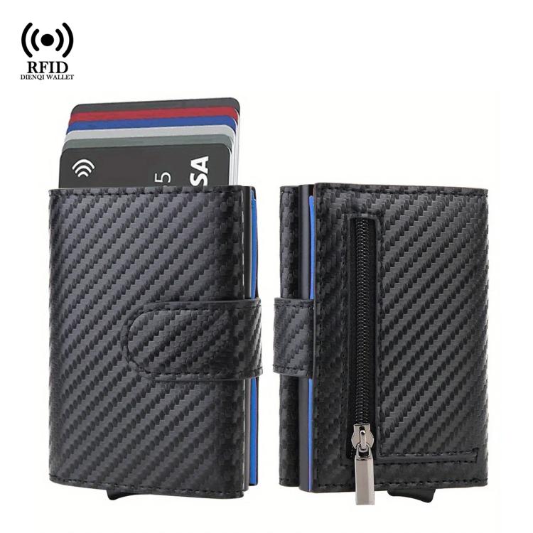 RFID carbon fiber pop-up card wallet with coin pocket and money clip, black with blue trim