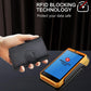 Black carbon fiber RFID pop-up card wallet held in hand