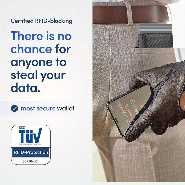 RFID blocking pop-up wallet with carbon fiber texture and card slot, in pocket