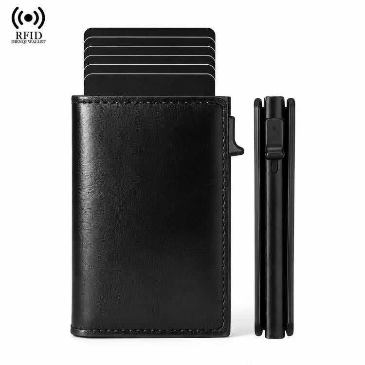 Slim black card holder wallet with card slots and side pop-up money clip