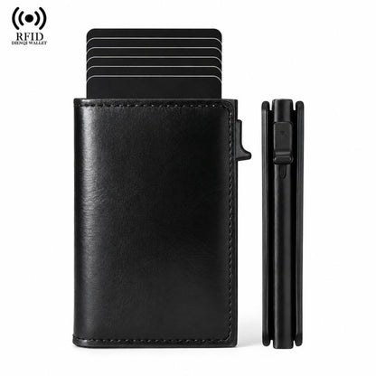 Slim black card holder wallet with card slots and side pop-up money clip