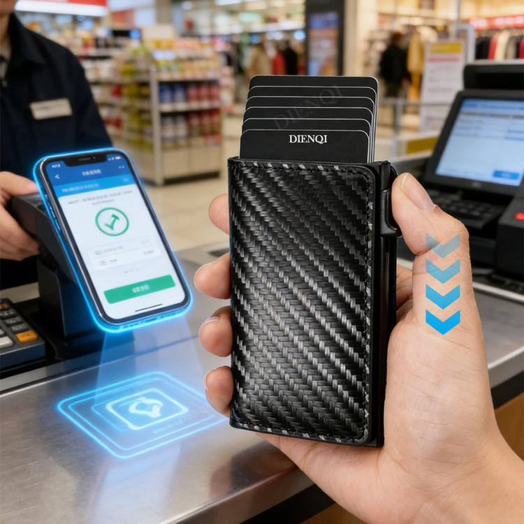 Carbon fiber slim wallet held in hand, showing top card slots
