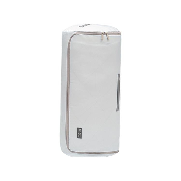 Compressible cylindrical quilt storage bag, light gray with zipper opening and handle