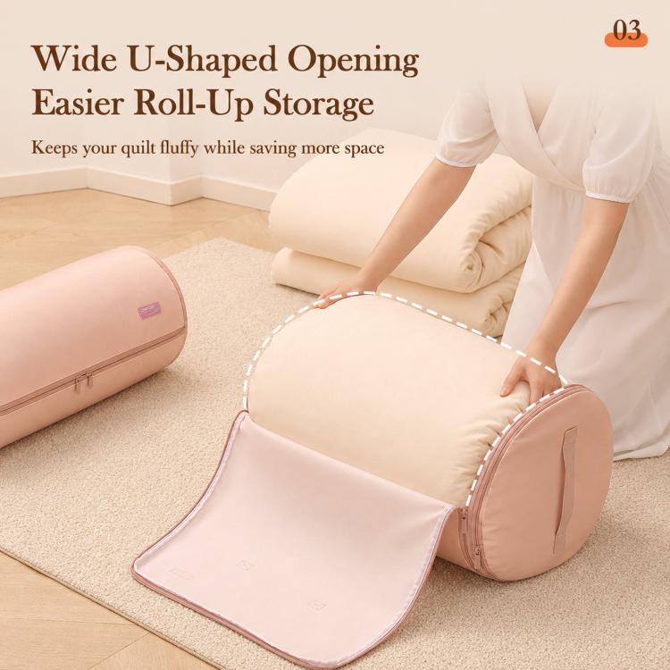 Pink compressible quilt storage bag opened flat for roll-up storage