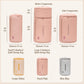 Cylindrical quilt storage bags in cream yellow, peach pink, and mist blue, compressed