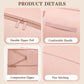 Pink cylindrical quilt storage bag details: handle, zipper pull, compression zipper, stitching