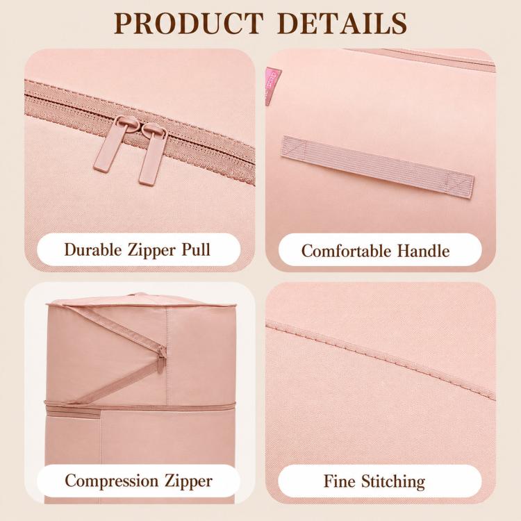 Pink cylindrical quilt storage bag details: handle, zipper pull, compression zipper, stitching