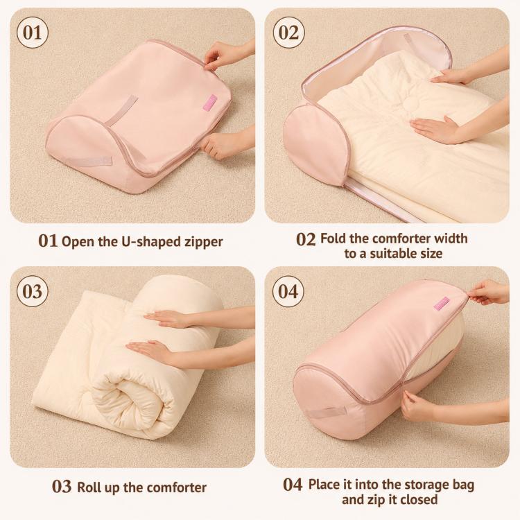 Pink cylindrical quilt storage bag with U-shaped zipper, folded and ready to store contents